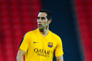 BILBAO, SPAIN - AUGUST 14: Claudio Bravo of FC Barcelona looks on during the warm up prior to the Spanish Super Cup first leg match between FC Barcelona and Athletic Club at San Mames Stadium on August 14, 2015 in Bilbao, Spain. (Photo by David Ramos/Getty Images)