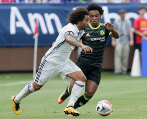 ANN ARBOR, MI - JULY 30: Willian #22 of Chelsea defends against Marcelo Vieira Da Silva #12 of Real Madrid during the first half at Michigan Stadium on July 30, 2016 in Ann Arbor, Michigan. (Photo by Duane Burleson/Getty Images)
