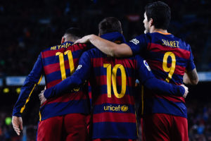 BARCELONA, SPAIN - FEBRUARY 14: (R-L) Luis Suarez of FC Barcelona celebrates with his team mates Lionel Messi and Neymar of FC Barcelona after scoring his team's third goal during the La Liga match between FC Barcelona and Celta Vigo at Camp Nou on February 14, 2016 in Barcelona, Spain. (Photo by David Ramos/Getty Images)