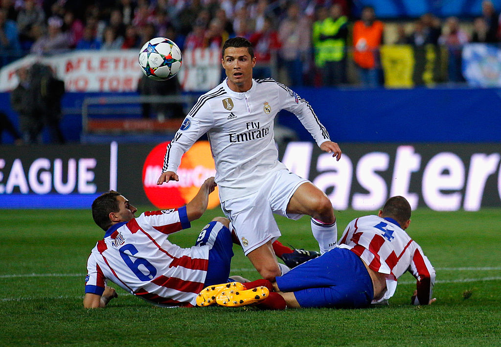 during the UEFA Champions League Quarter Final First Leg match between Club Atletico de Madrid and Real Madrid CF at Vicente Calderon Stadium on April 14, 2015 in Madrid, Spain.