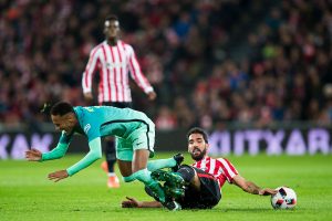 BILBAO, SPAIN - JANUARY 05: Neymar of FC Barcelona duels for the ball with Raul Garcia of Athletic Club during the Copa del Rey Round of 16 first leg match between Athletic Club and FC Barcelona at San Mames Stadium on January 5, 2017 in Bilbao, Spain. (Photo by Juan Manuel Serrano Arce/Getty Images)